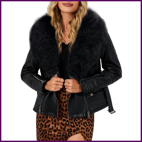 Women's Faux Leather Moto Jacket Sherpa Lined Removable Fur Collar